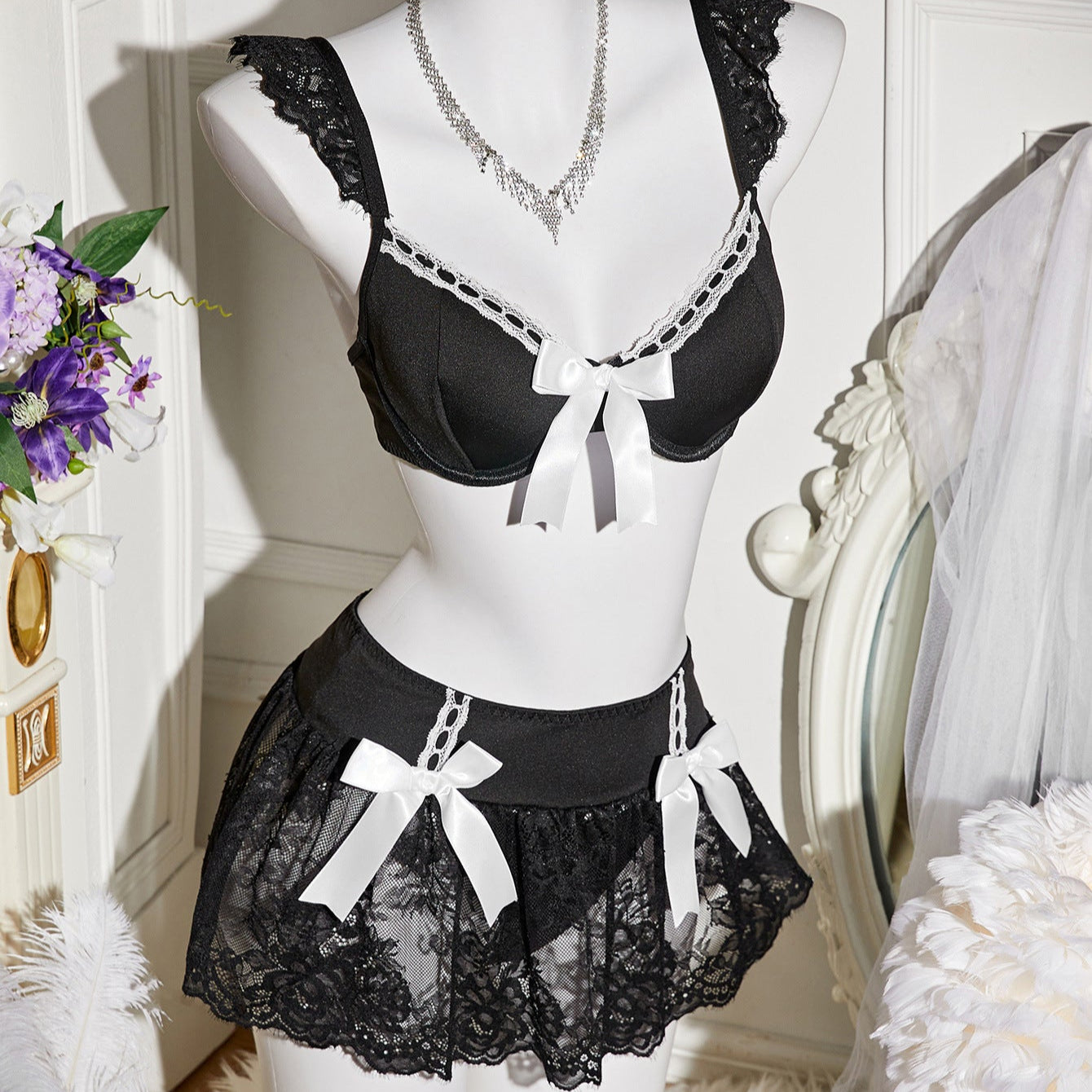 Midnight Bow Lace Set